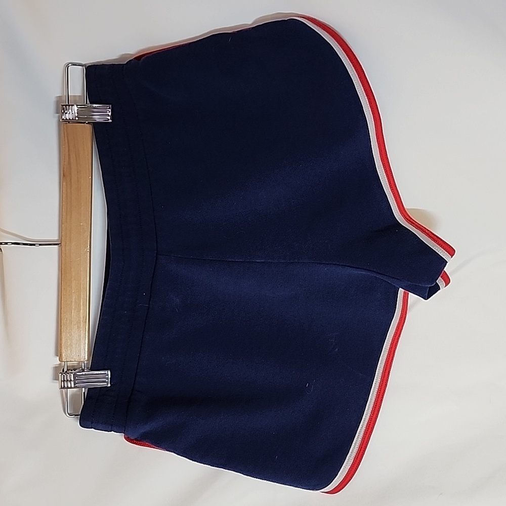 Sporty Navy Blue Women's Shorts with Red and White Stripe Trim - Picture 2 of 4